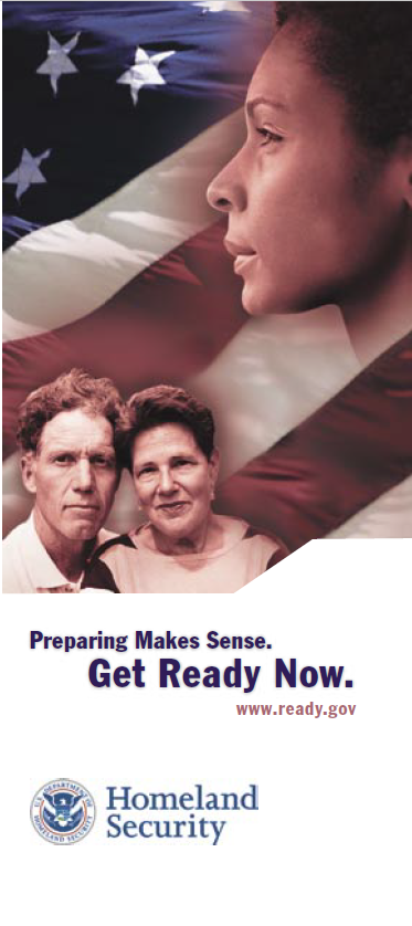 2003 Ready Campaign poster that has peoples' faces over an American flag. Preparing Makes Sense. Get Ready Now. Ready.gov. Homeland Security.