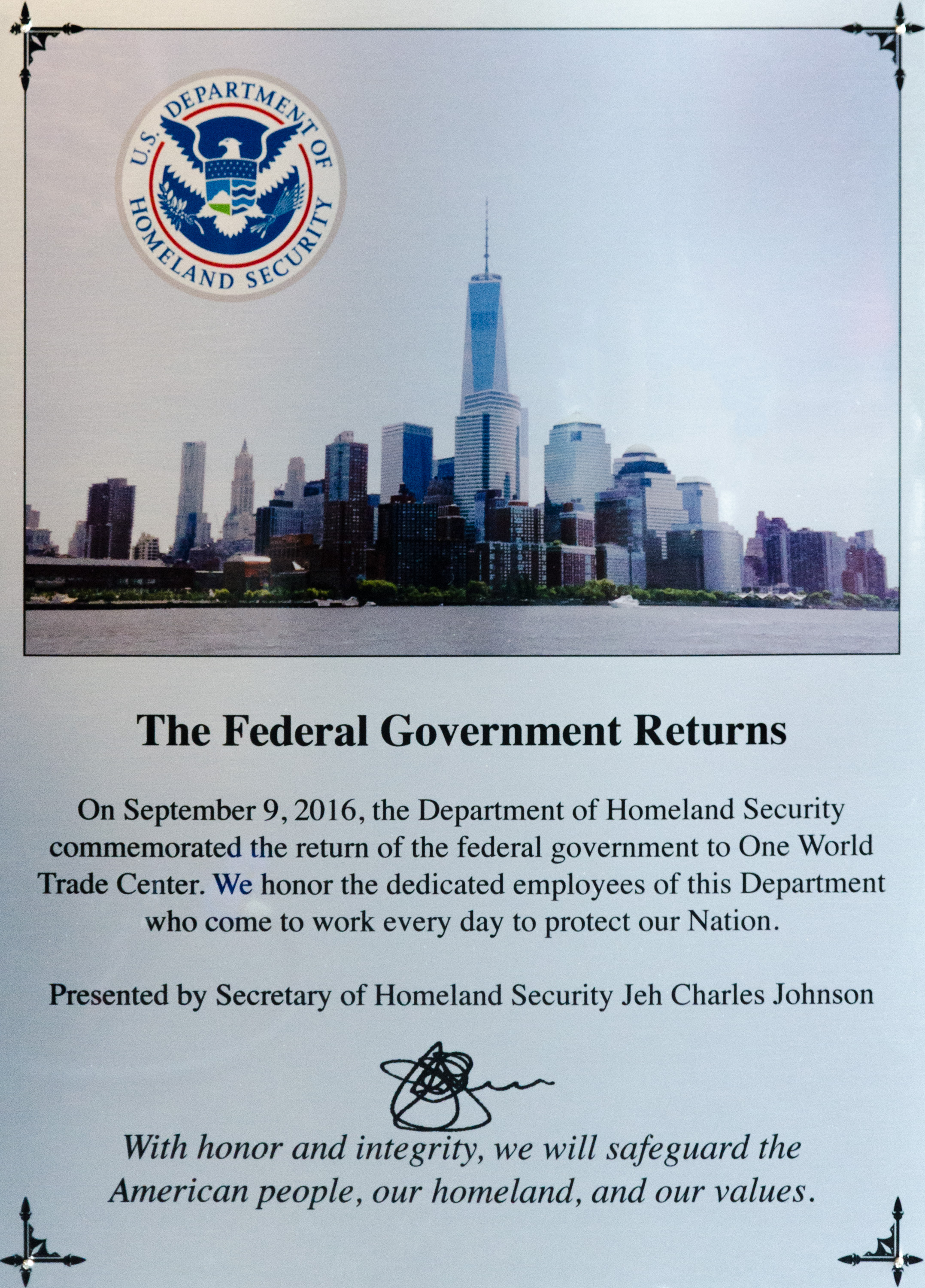 Sign announcing the federal government returned to 1 World Trade Center in 2003