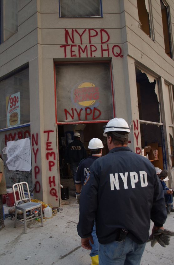 NYPD enter their temporary headquarters near the World Trade Center