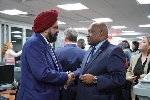 Image with caption: FEMA Deputy Administrator Erik Hooks greets&nbsp;Gurpreet Singh Sodhi, Chief Executive Officer, United Sikhs. (FEMA photo)